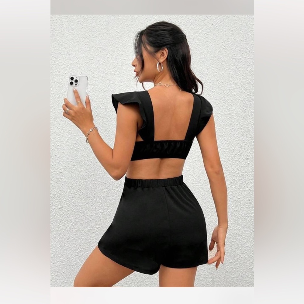 Black Romper Small Petite Shein Cut Outs Open Back Ruffle Sleeve Jumpsuit Shorts